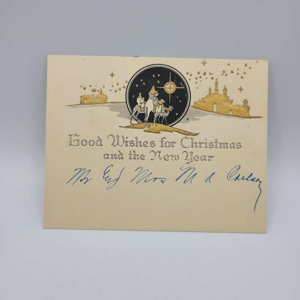 Vintage Christmas Card Good Wishes Three Kings Gold Buildings Holiday Decor